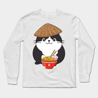 Funny fat cat is eating noodles Long Sleeve T-Shirt